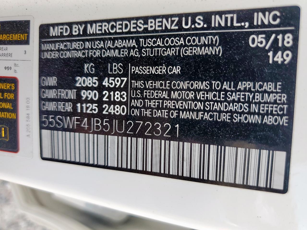 2018 Mercedes-Benz C 300 VIN: 55SWF4JB5JU272321 Lot: 91772485