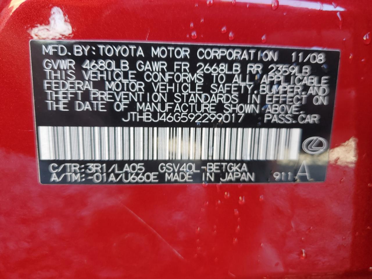 2009 Lexus Es 350 VIN: JTHBJ46G592299017 Lot: 91182865