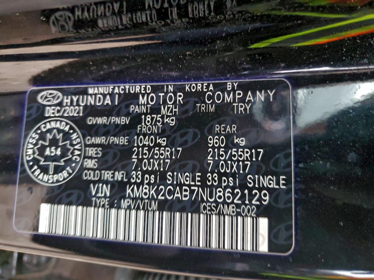 2022 Hyundai Kona Sel VIN: KM8K2CAB7NU862129 Lot: 94033495