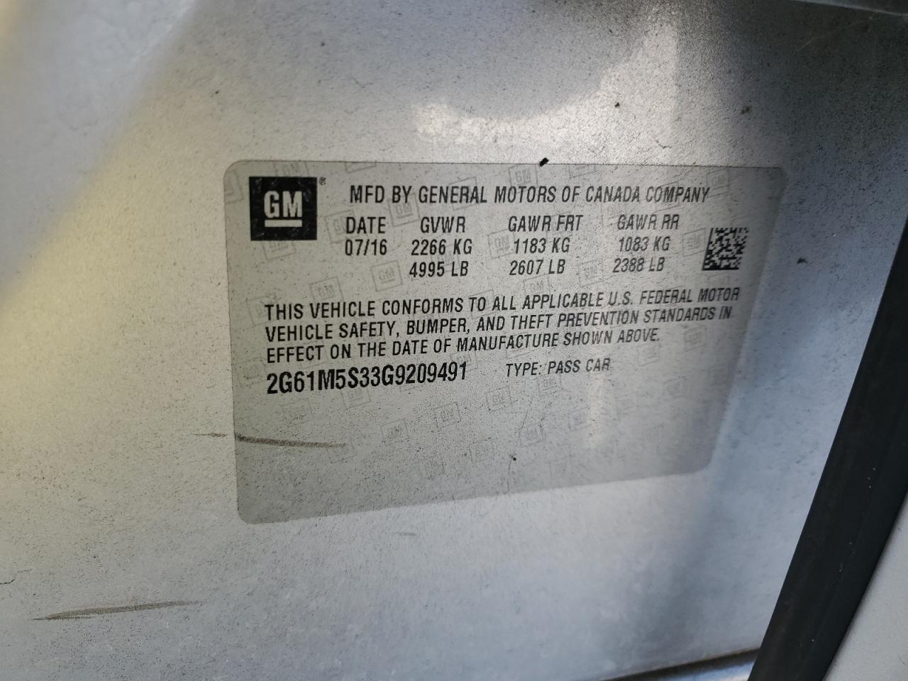 2016 Cadillac Xts Luxury Collection VIN: 2G61M5S33G9209491 Lot: 93350345