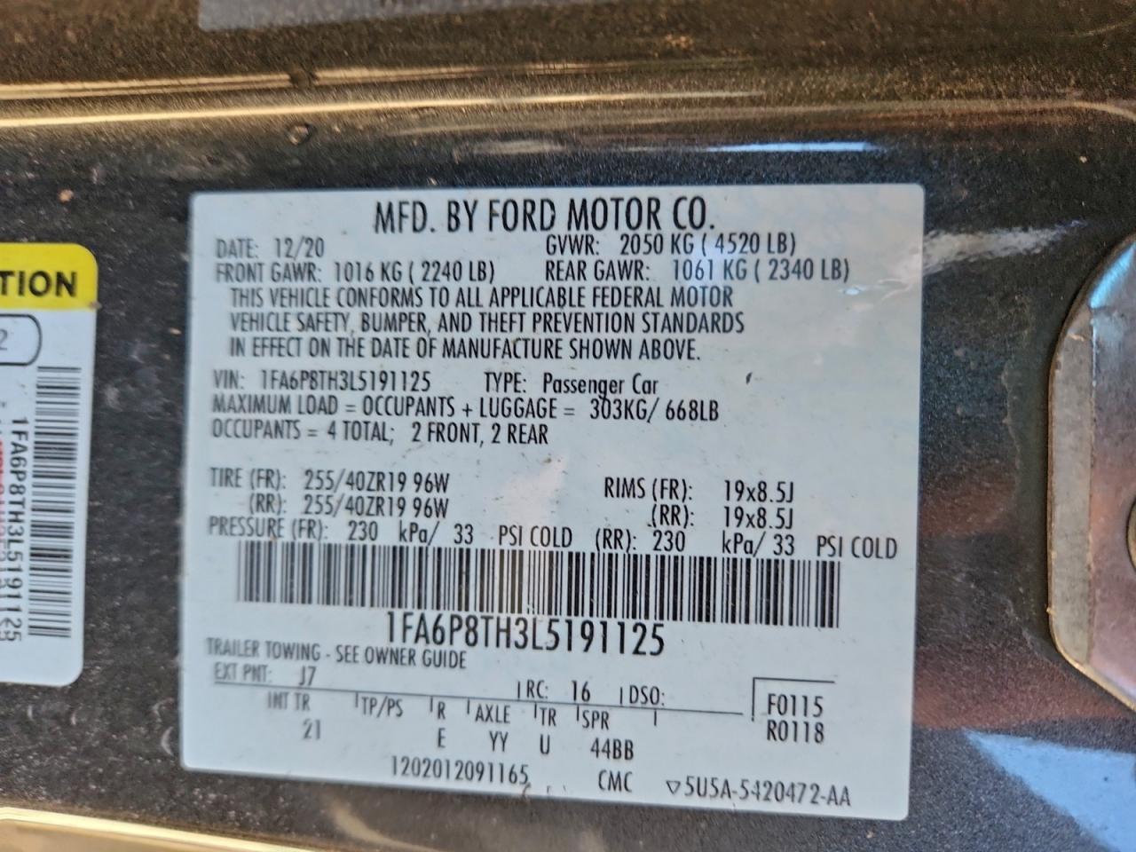 2020 Ford Mustang VIN: 1FA6P8TH3L5191125 Lot: 94535385