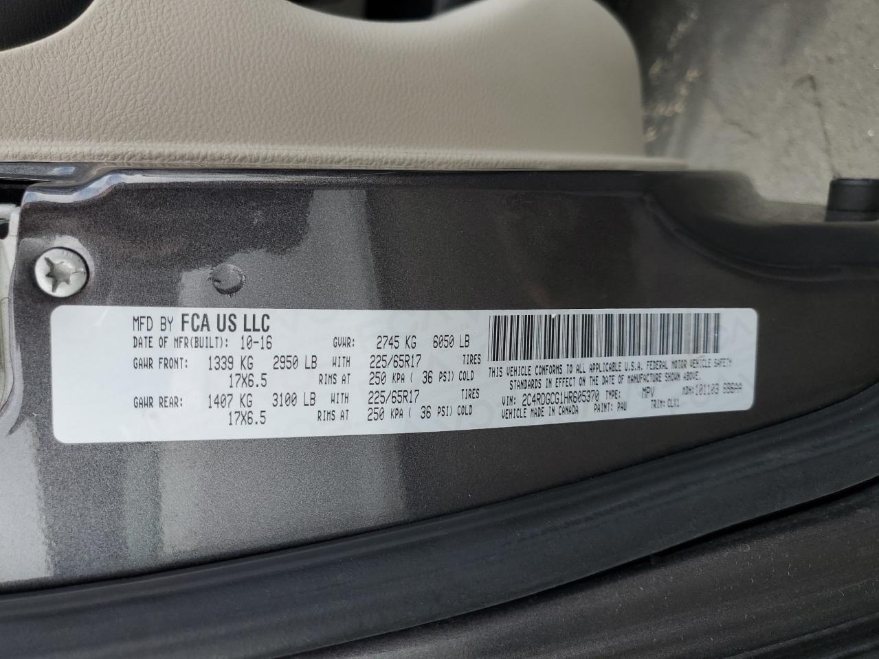 2017 Dodge Grand Caravan Sxt VIN: 2C4RDGCG1HR605370 Lot: 92132975