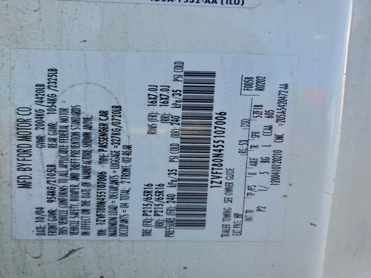 2005 Ford Mustang VIN: 1ZVFT80N455107006 Lot: 94484955