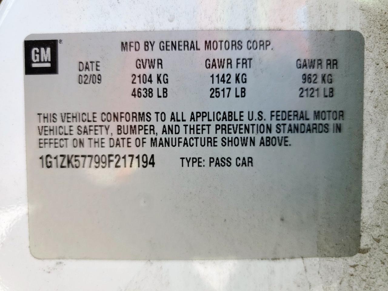 2009 Chevrolet Malibu Ltz VIN: 1G1ZK57799F217194 Lot: 93204035