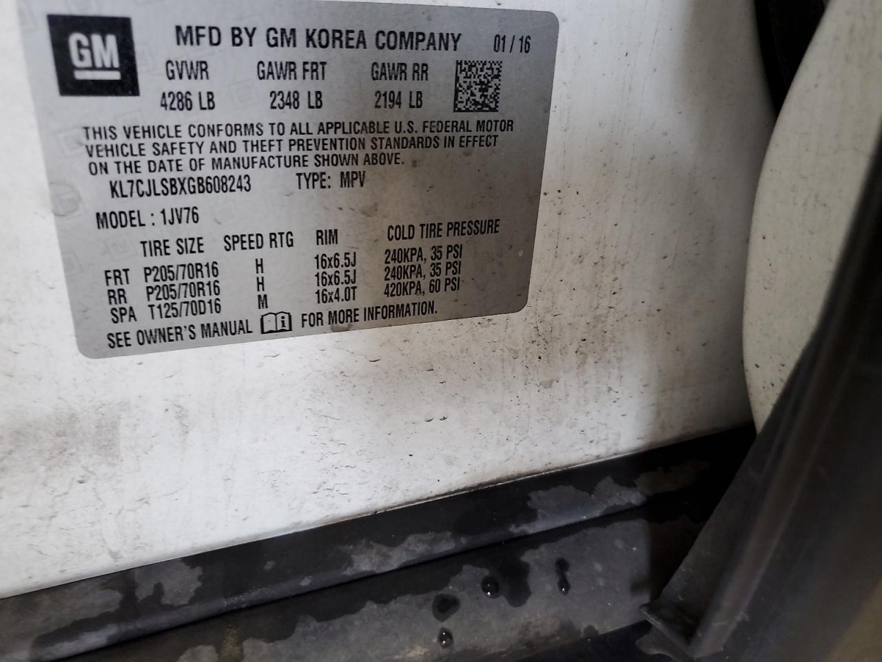 2016 Chevrolet Trax 1Lt VIN: KL7CJLSBXGB608243 Lot: 93694665