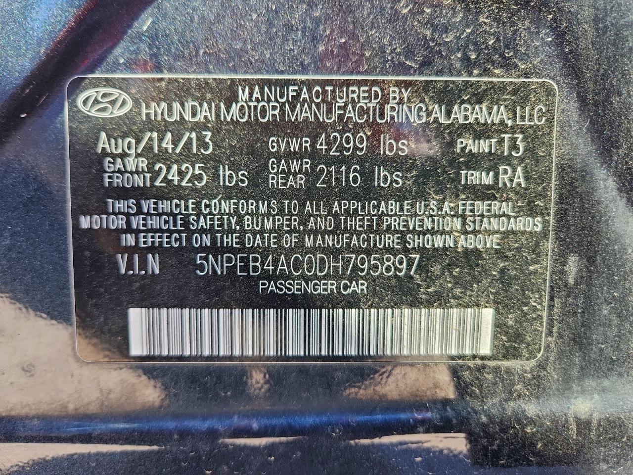 2013 Hyundai Sonata Gls VIN: 5NPEB4AC0DH795897 Lot: 94049605