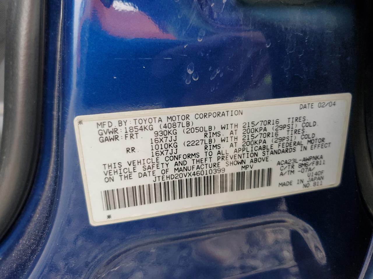 2004 Toyota Rav4 VIN: JTEHD20VX46010399 Lot: 93915235