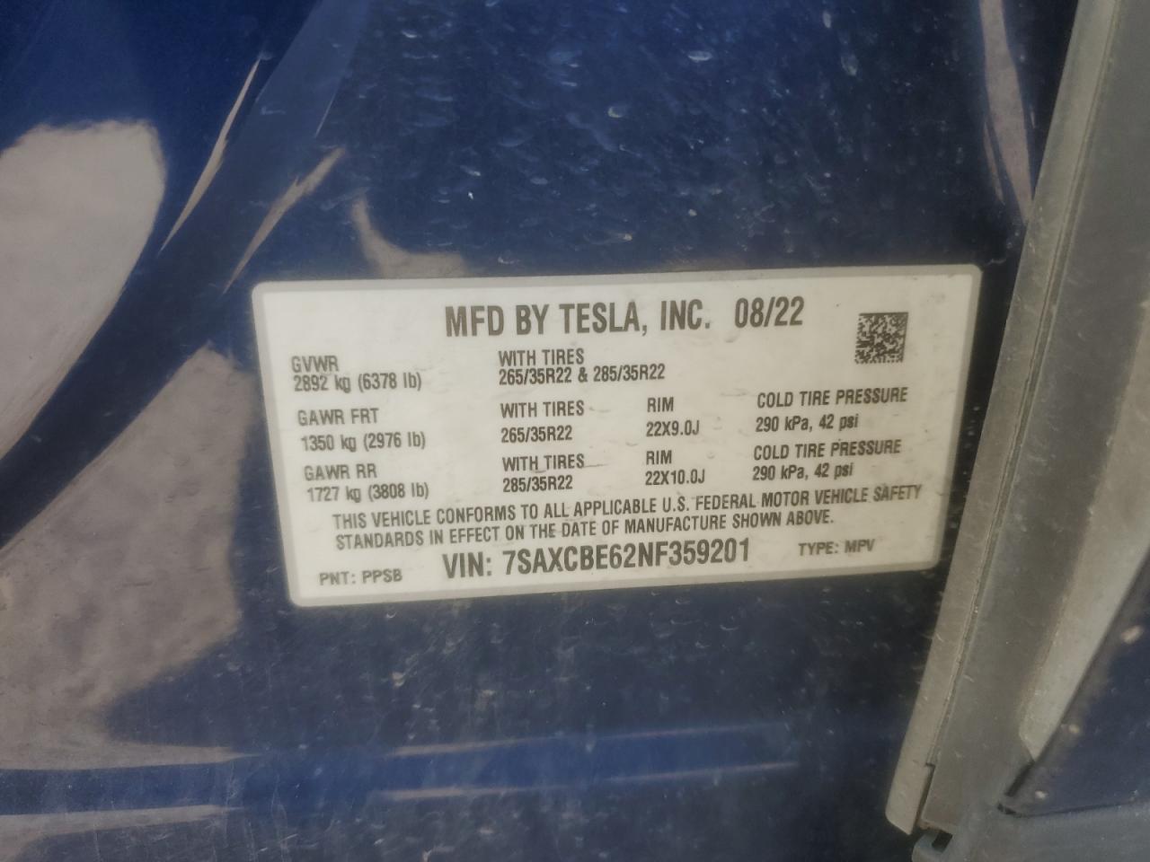2022 Tesla Model X VIN: 7SAXCBE62NF359201 Lot: 85314755