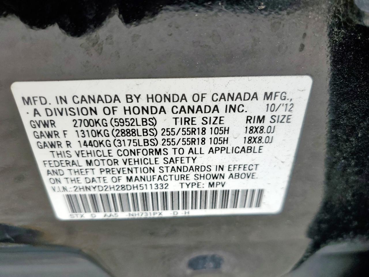 2013 Acura Mdx VIN: 2HNYD2H28DH511332 Lot: 93462265