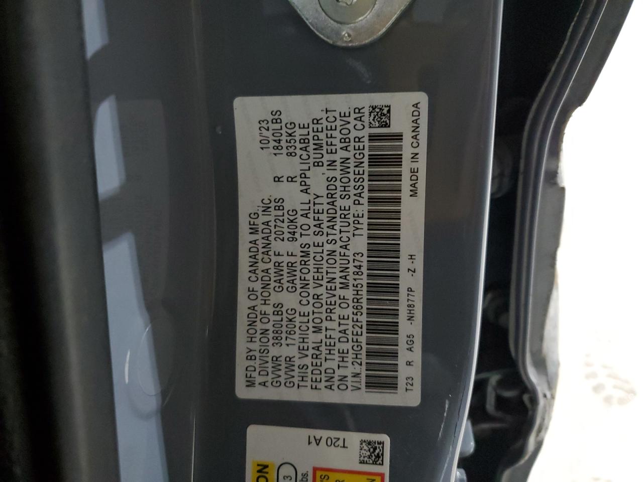 2024 Honda Civic Sport VIN: 2HGFE2F56RH518473 Lot: 92690585