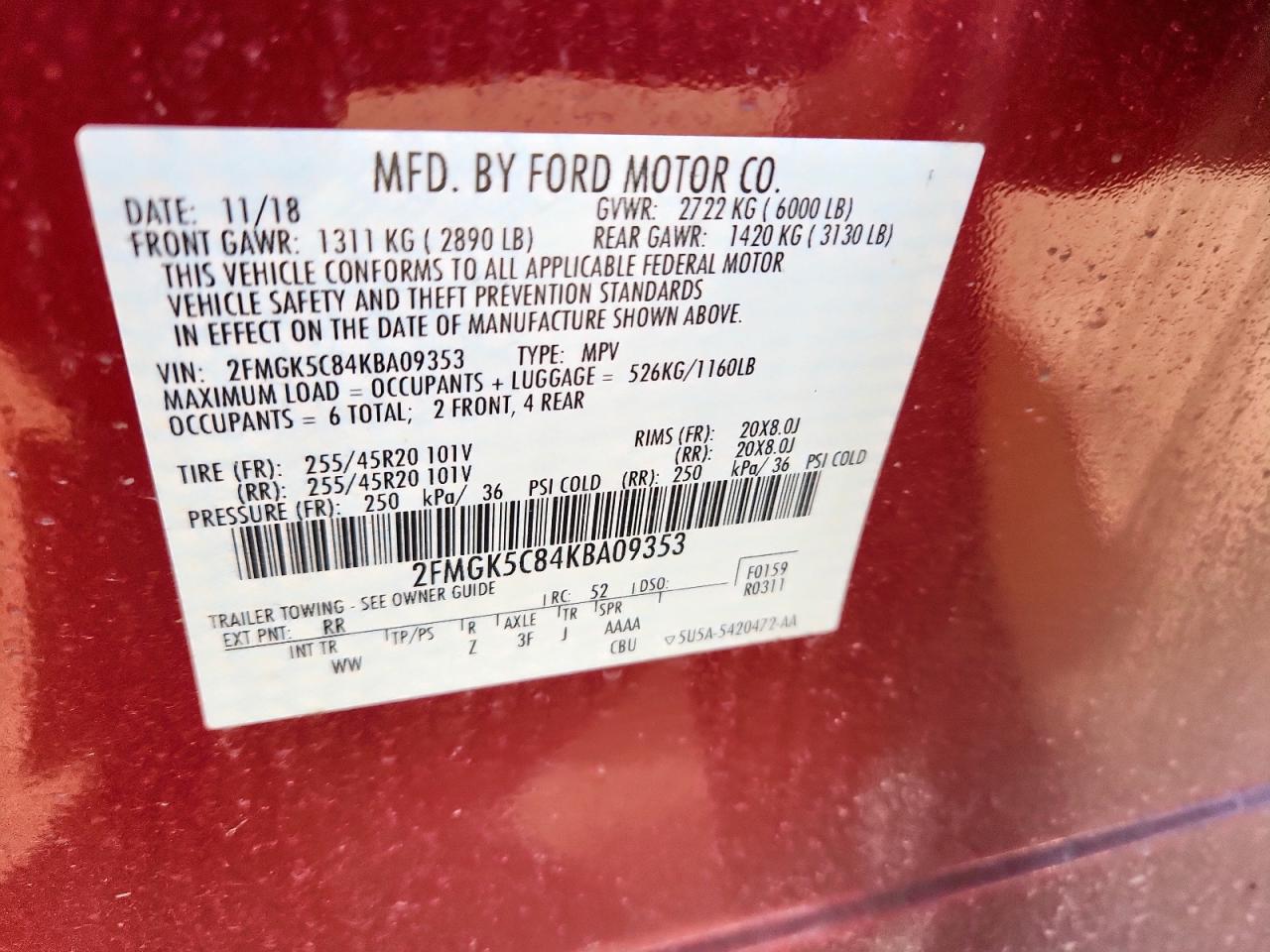 2019 Ford Flex Sel VIN: 2FMGK5C84KBA09353 Lot: 93552035