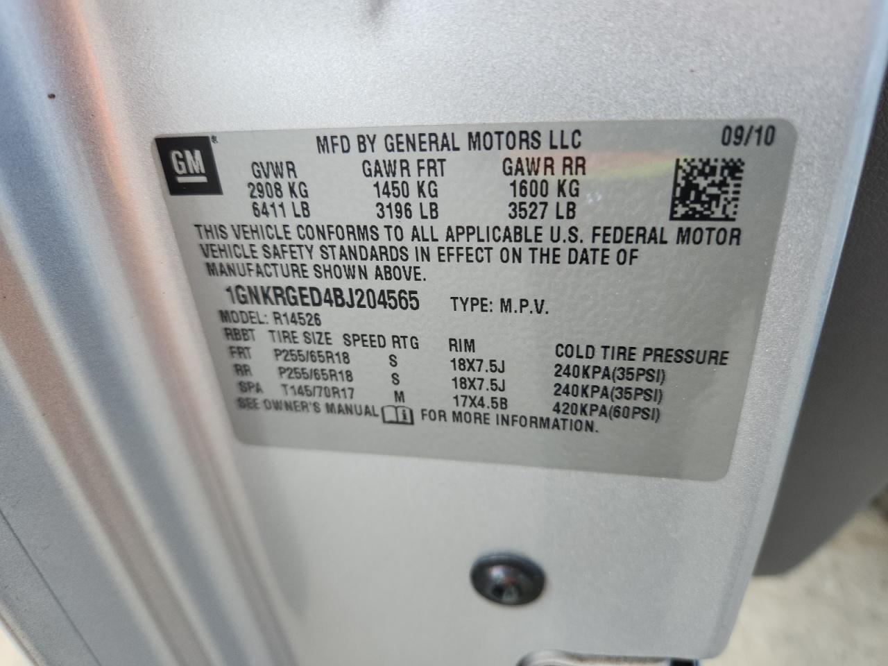 2011 Chevrolet Traverse Lt VIN: 1GNKRGED4BJ204565 Lot: 91903135