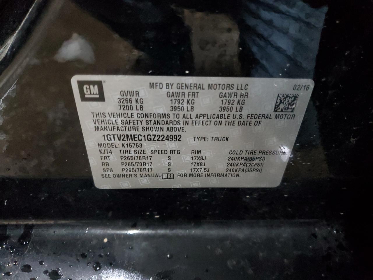 2016 GMC Sierra K1500 Sle VIN: 1GTV2MEC1GZ224992 Lot: 92392515