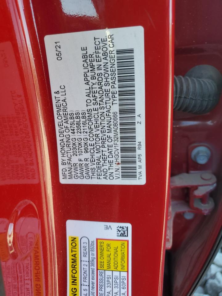 2021 Honda Accord Sport VIN: 1HGCV1F32MA080666 Lot: 93386315