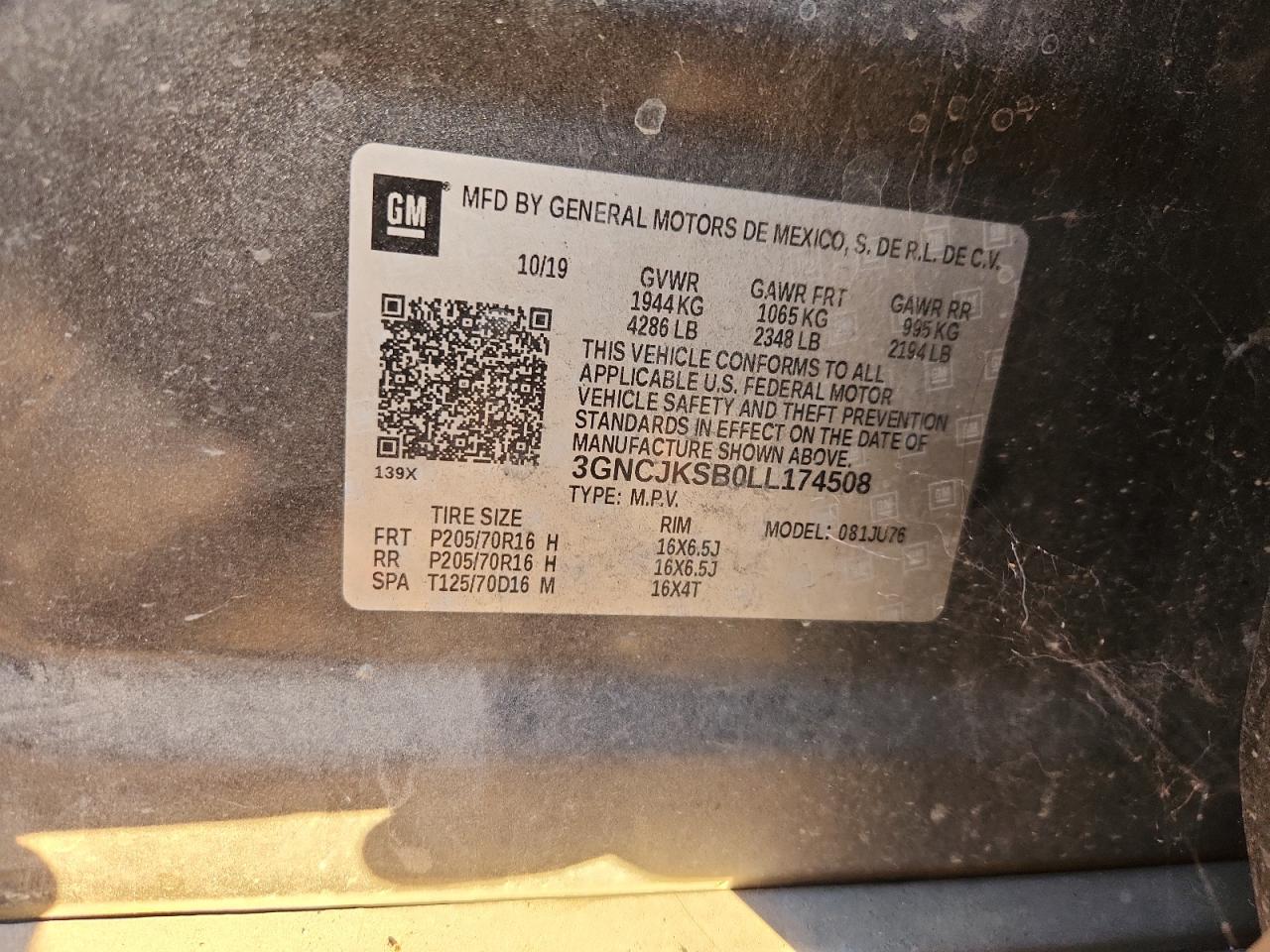 2020 Chevrolet Trax Ls VIN: 3GNCJKSB0LL174508 Lot: 91808595