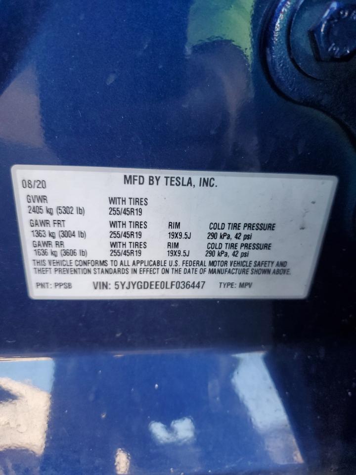 2020 Tesla Model Y VIN: 5YJYGDEE0LF036447 Lot: 93148255