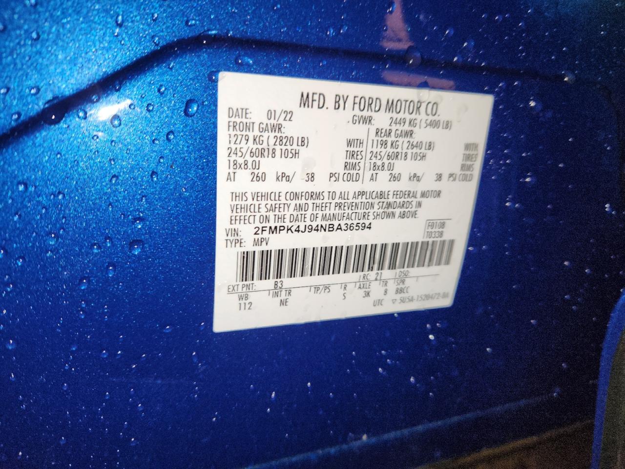 2022 Ford Edge Sel VIN: 2FMPK4J94NBA36594 Lot: 92853905