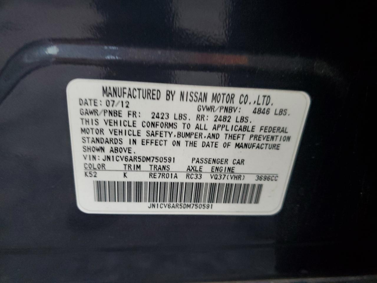 2013 Infiniti G37 VIN: JN1CV6AR5DM750591 Lot: 92800195