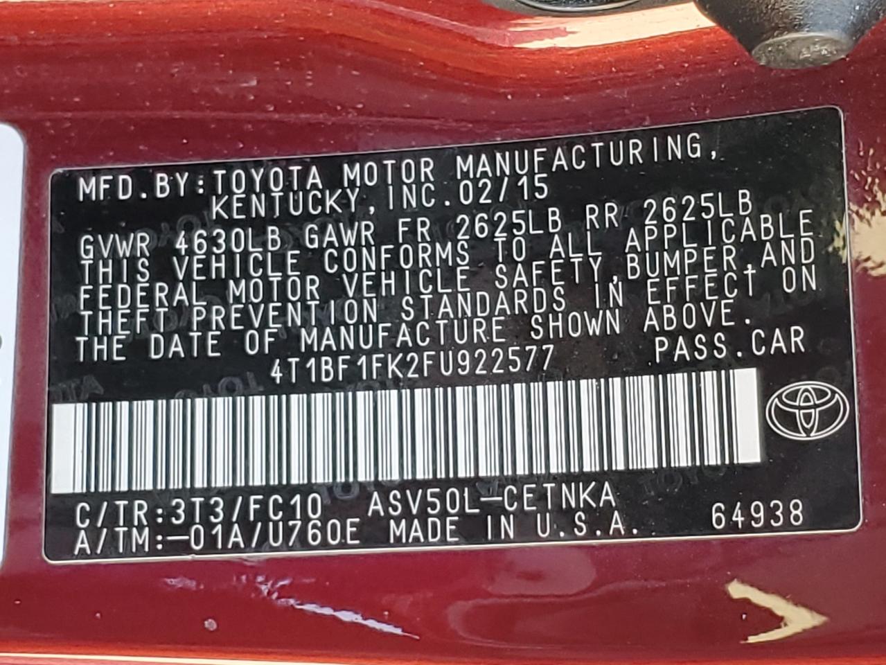 2015 Toyota Camry Le VIN: 4T1BF1FK2FU922577 Lot: 92842945