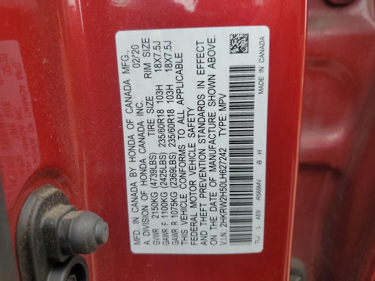 2020 Honda Cr-V Ex VIN: 2HKRW2H50LH627242 Lot: 93259615