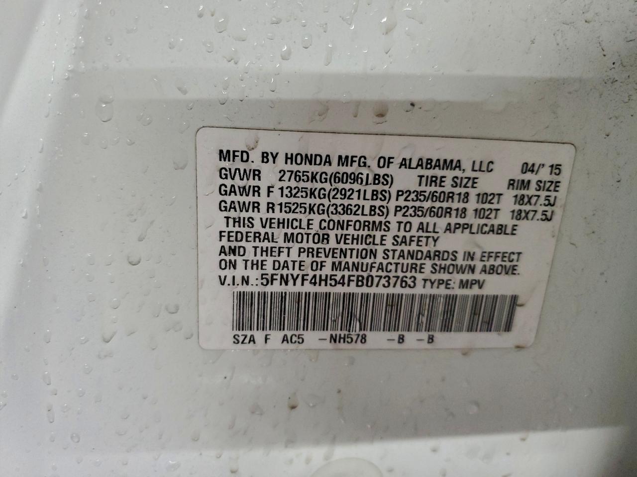 2015 Honda Pilot Exl VIN: 5FNYF4H54FB073763 Lot: 93628985