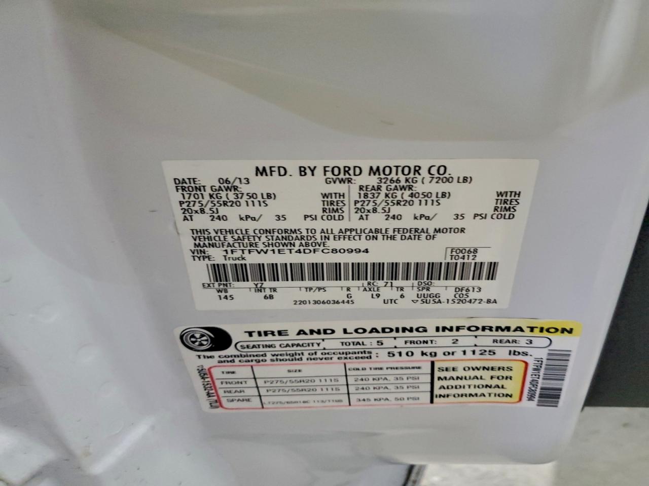 2013 Ford F150 Supercrew VIN: 1FTFW1ET4DFC80994 Lot: 93235095