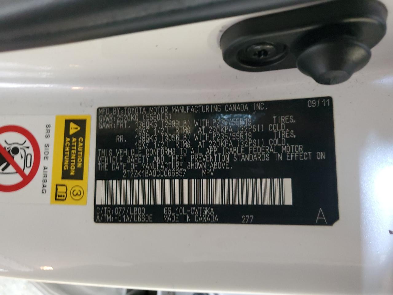 2012 Lexus Rx 350 VIN: 2T2ZK1BA0CC066857 Lot: 92238105