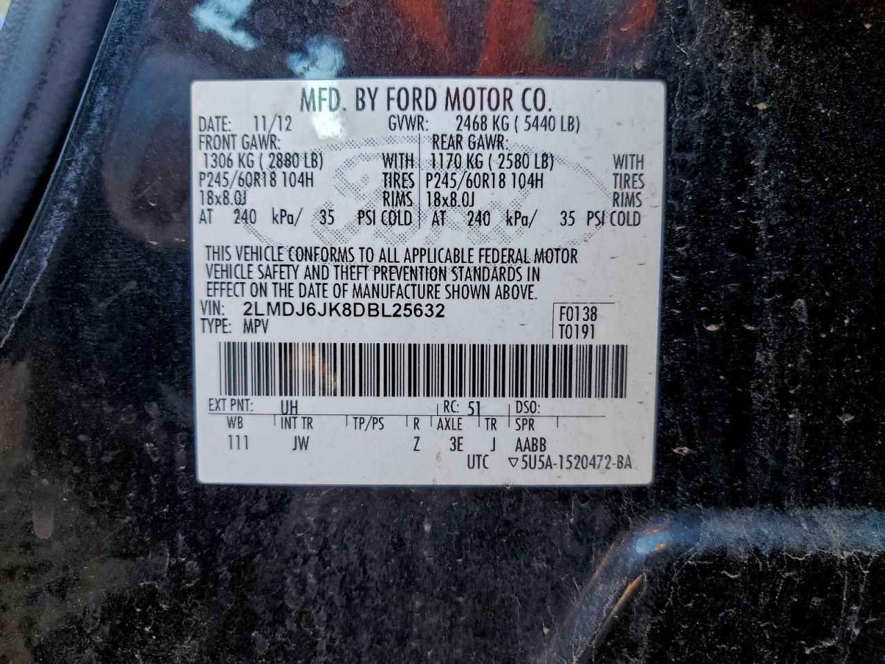 2013 Lincoln Mkx VIN: 2LMDJ6JK8DBL25632 Lot: 94142495