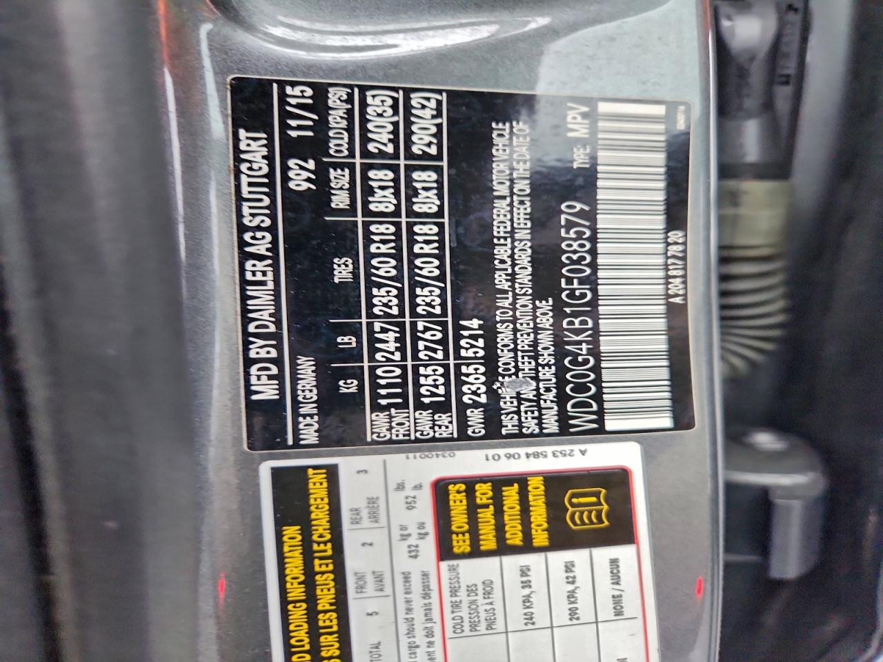 2016 Mercedes-Benz Glc 300 4Matic VIN: WDC0G4KB1GF038579 Lot: 93237825