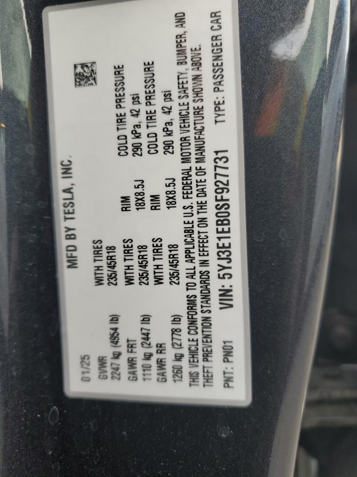 2025 Tesla Model 3 VIN: 5YJ3E1EB0SF927731 Lot: 91496815