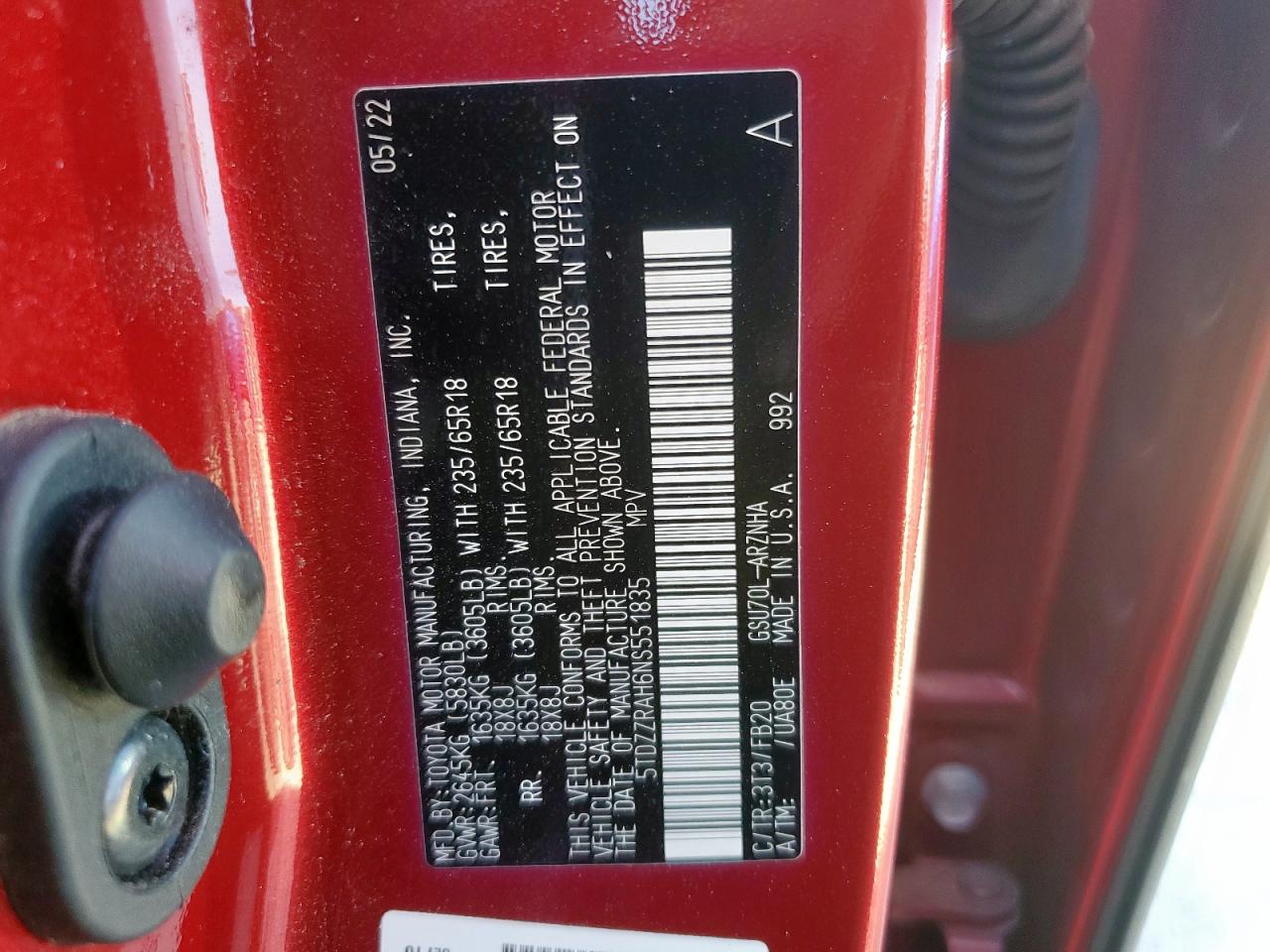 2022 Toyota Highlander L VIN: 5TDZZRAH6NS551835 Lot: 92824955