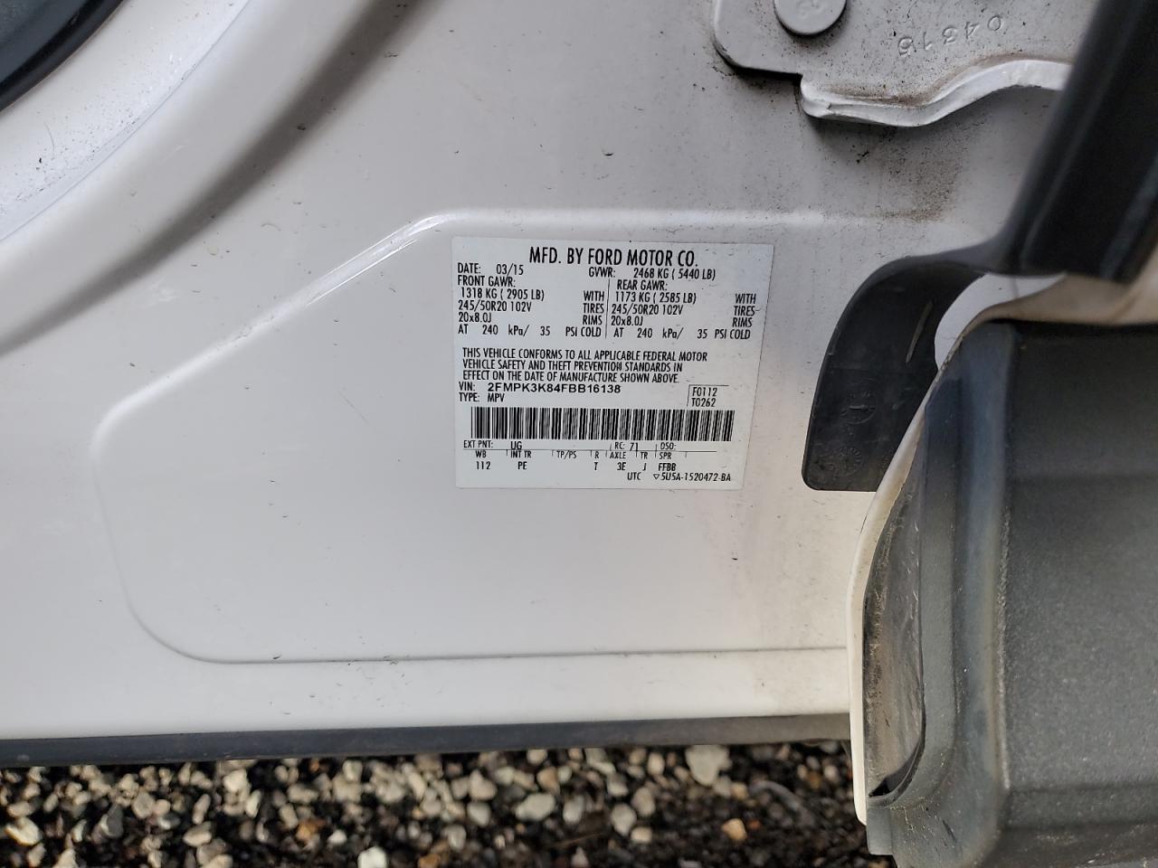 2015 Ford Edge Titanium VIN: 2FMPK3K84FBB16138 Lot: 92745485