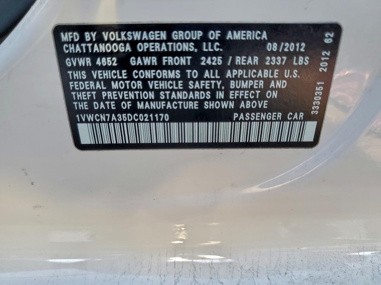 2013 Volkswagen Passat Sel VIN: 1VWCN7A35DC021170 Lot: 93982855