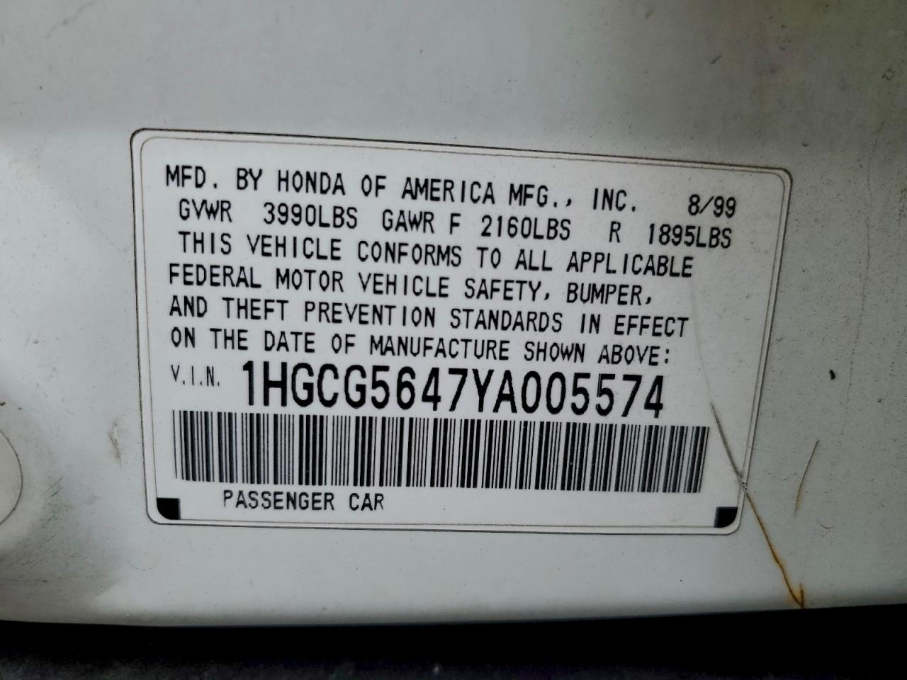 2000 Honda Accord Lx VIN: 1HGCG5647YA005574 Lot: 93307155