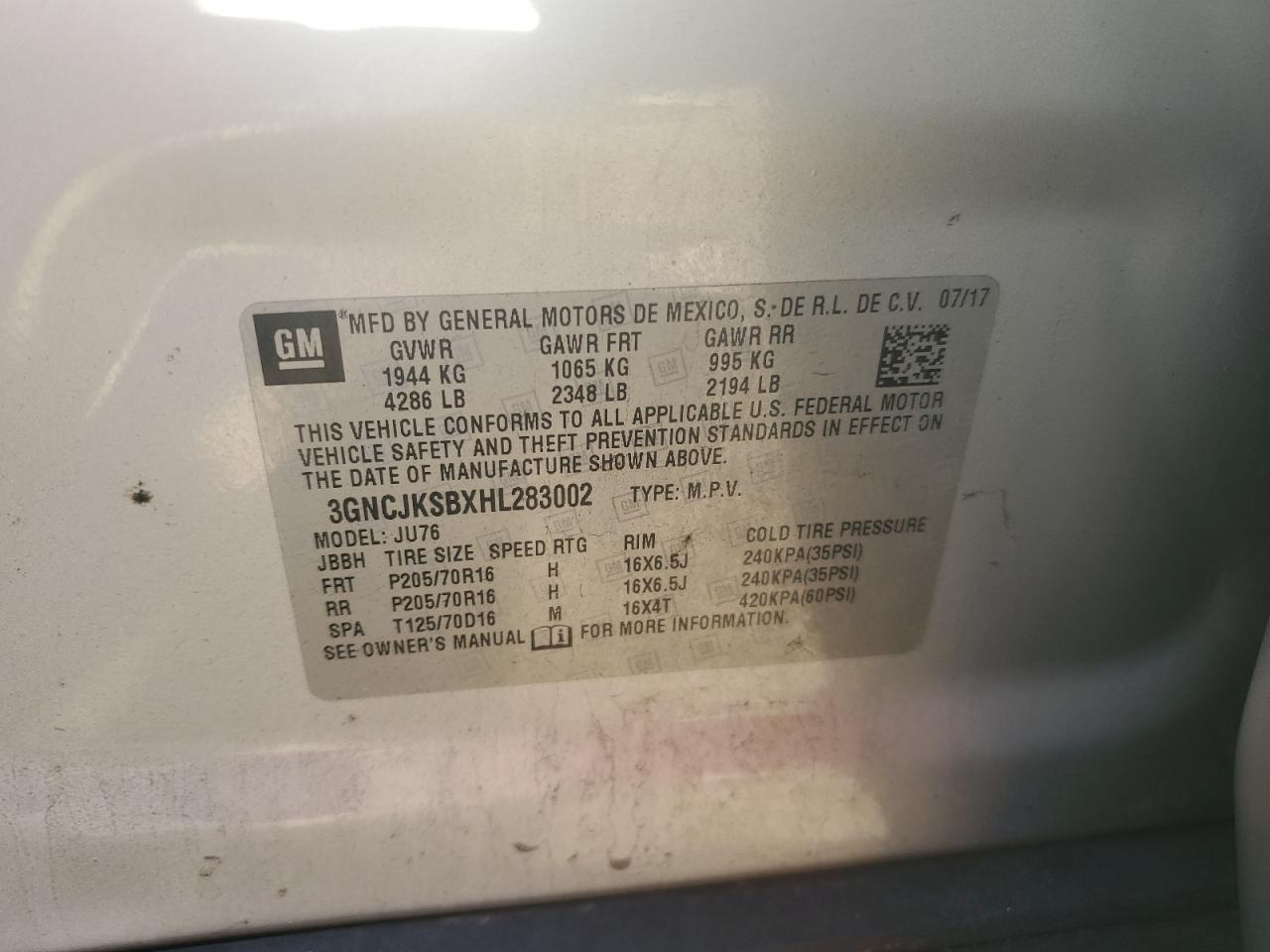 2017 Chevrolet Trax Ls VIN: 3GNCJKSBXHL283002 Lot: 91083585