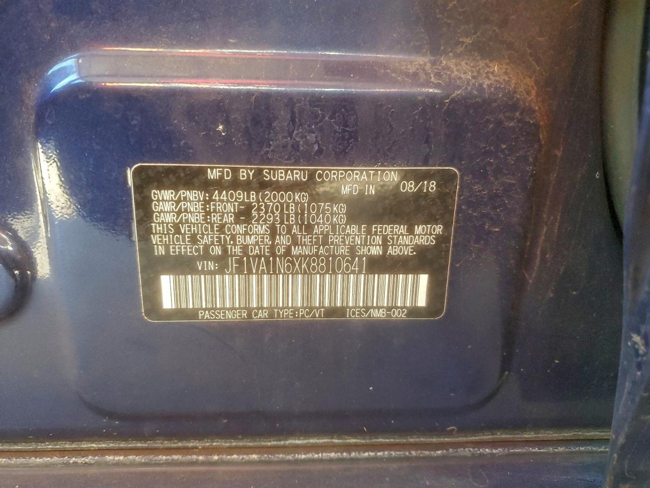 2019 Subaru Wrx Limited VIN: JF1VA1N6XK8810641 Lot: 93099855