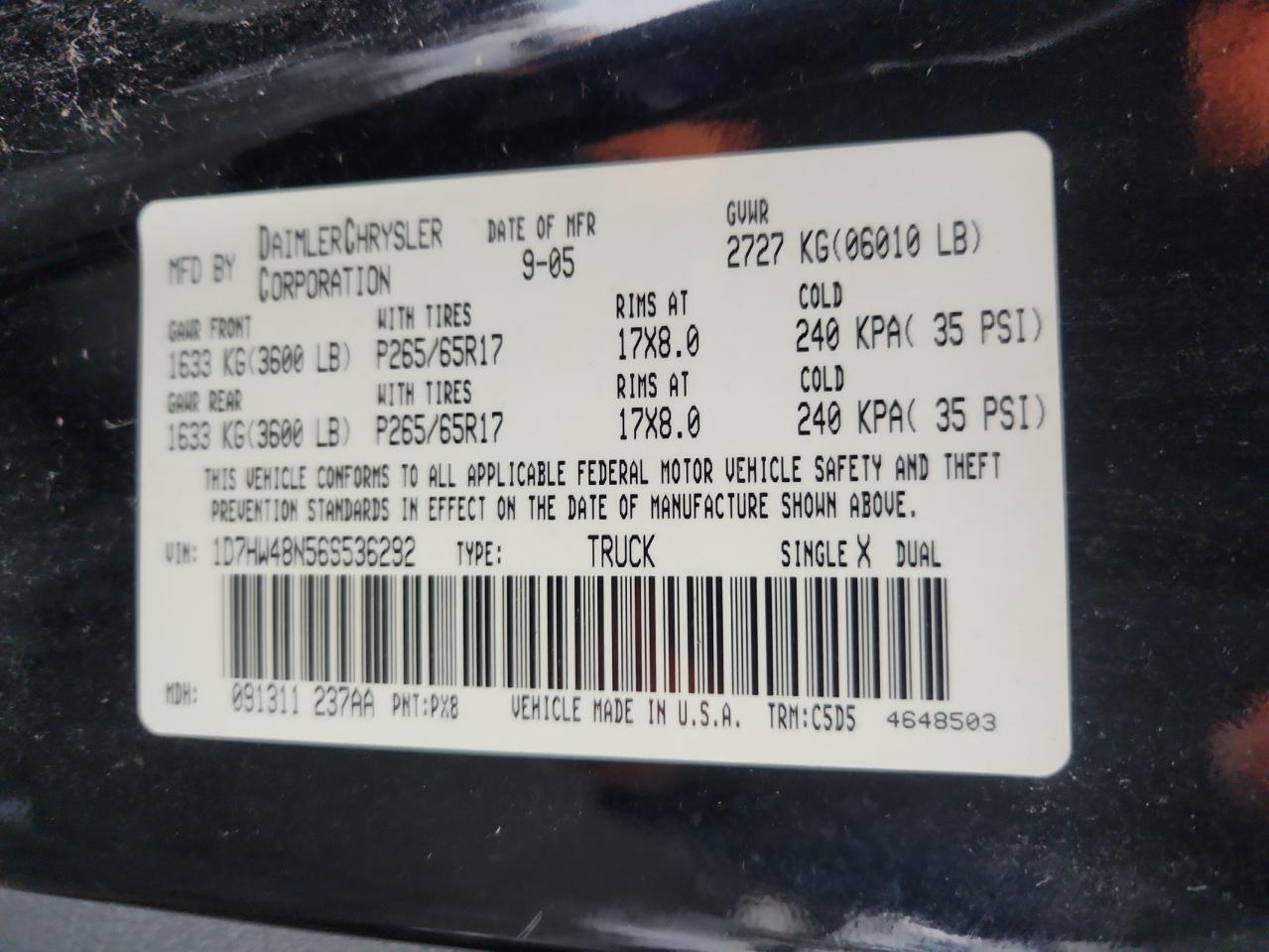 2006 Dodge Dakota Quad Slt VIN: 1D7HW48N56S536292 Lot: 93268005