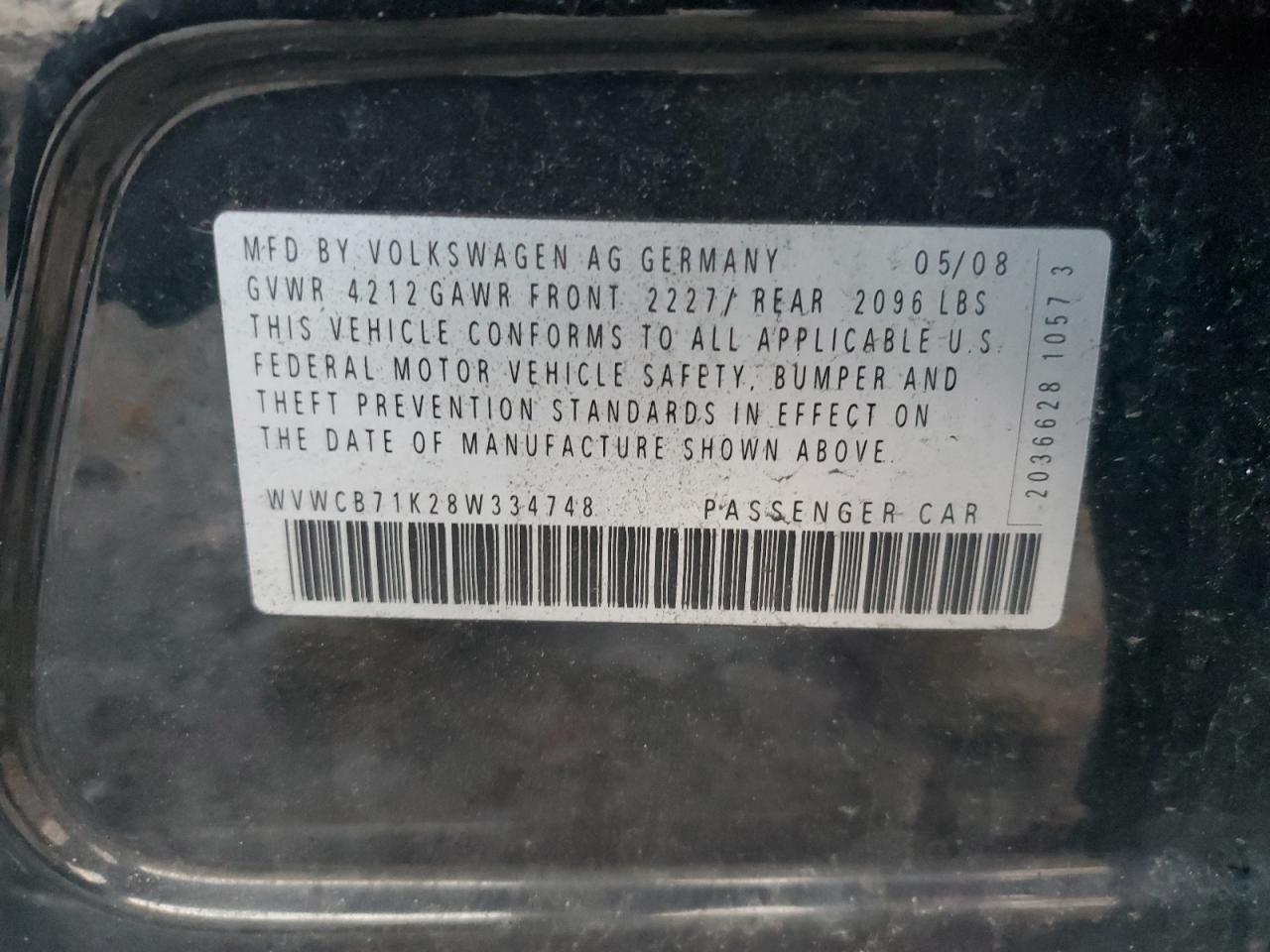 2008 Volkswagen Rabbit VIN: WVWCB71K28W334748 Lot: 93347655