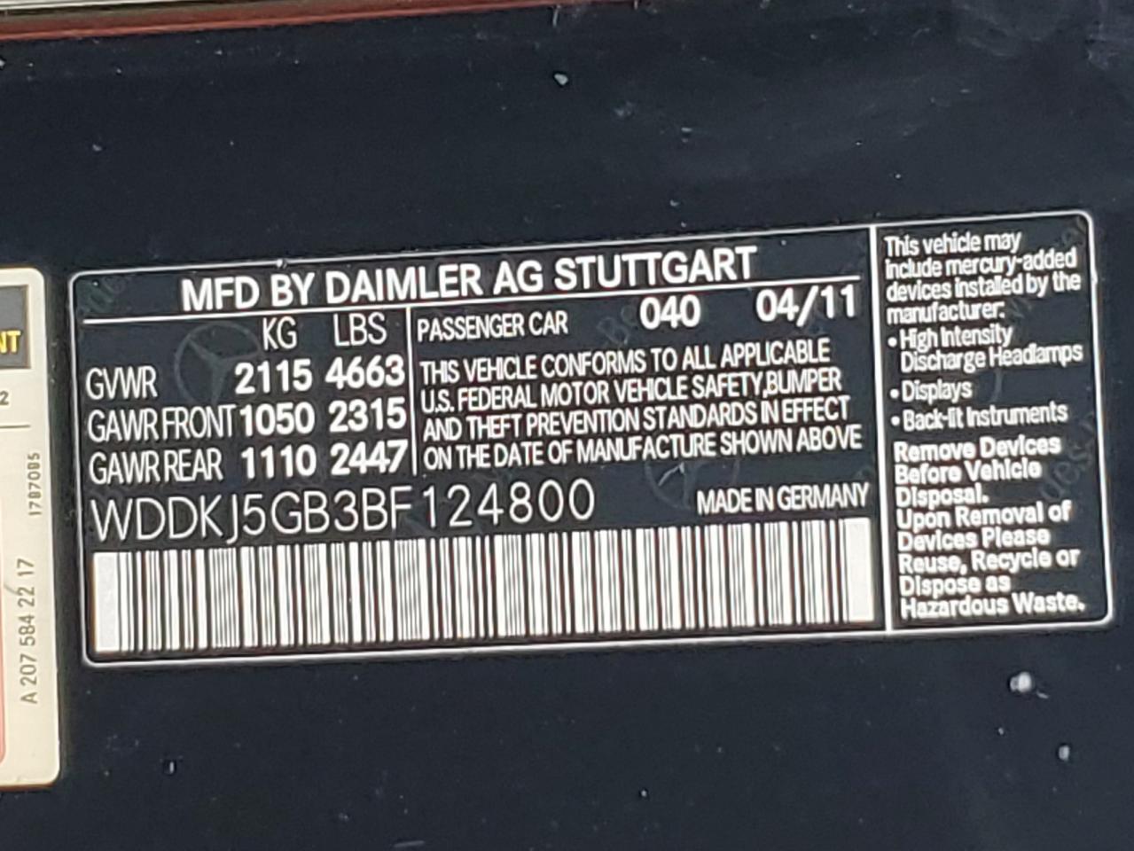 2011 Mercedes-Benz E 350 VIN: WDDKJ5GB3BF124800 Lot: 93474835