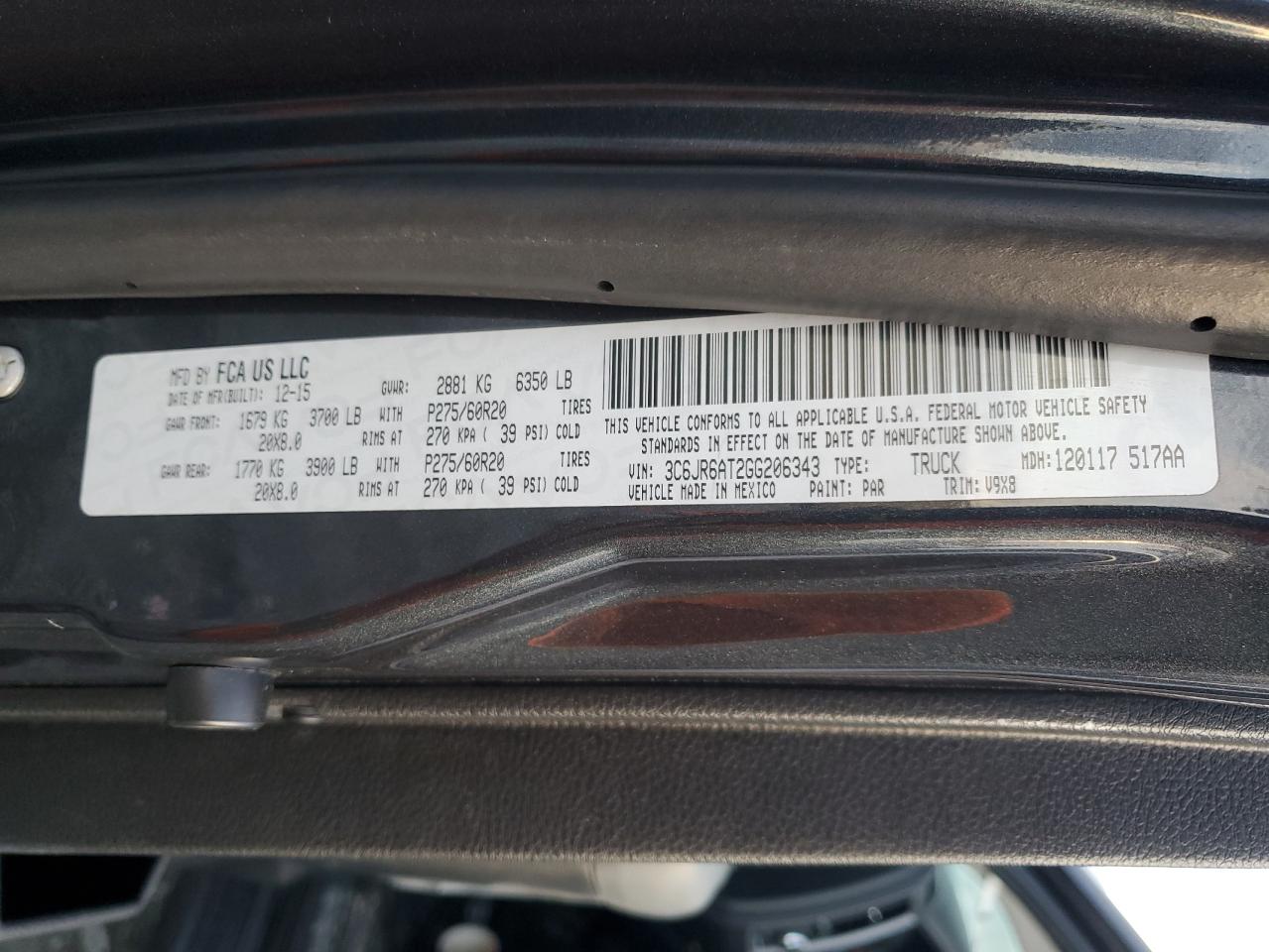 2016 Ram 1500 St VIN: 3C6JR6AT2GG206343 Lot: 93324355