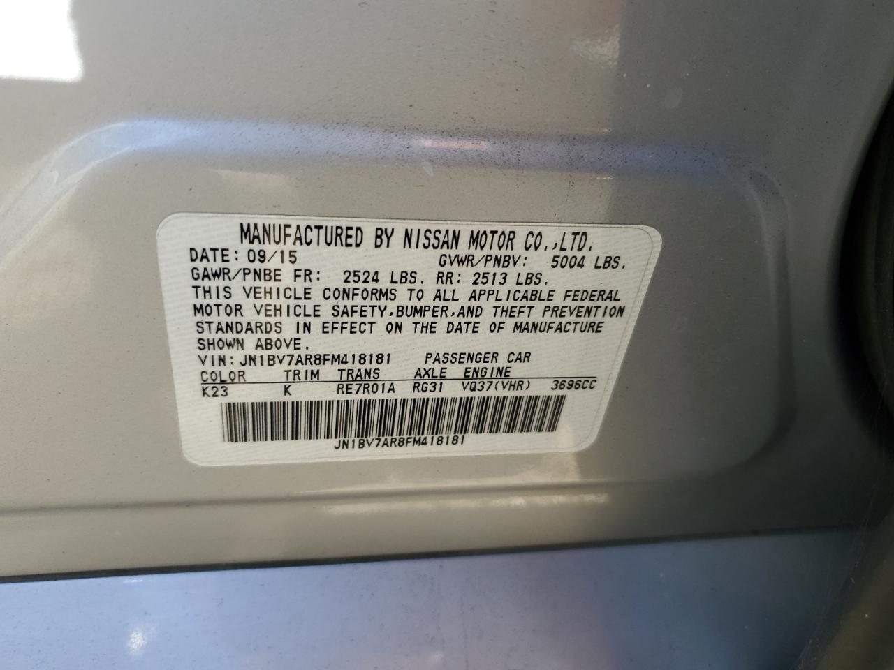 2015 Infiniti Q50 Base VIN: JN1BV7AR8FM418181 Lot: 89740565