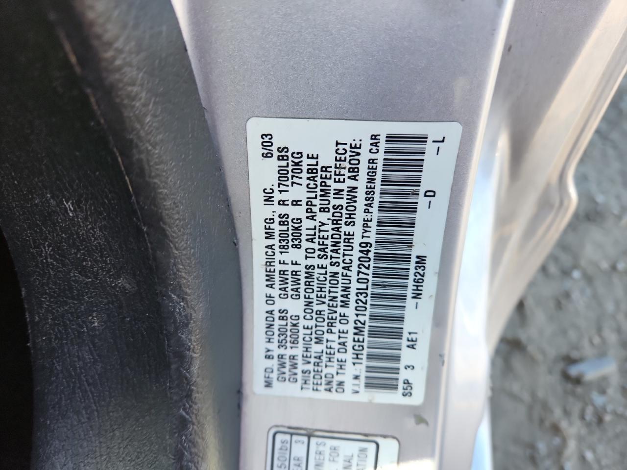 2003 Honda Civic Ex VIN: 1HGEM21023L072049 Lot: 93114255