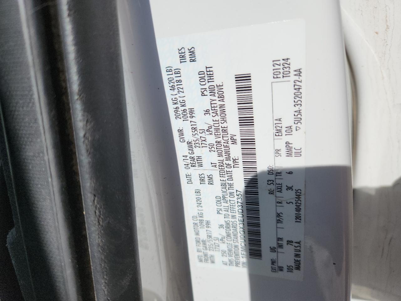 2014 Ford Escape Se VIN: 1FMCU0GX3EUD37357 Lot: 93023895