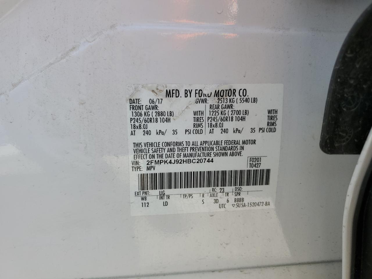 2017 Ford Edge Sel VIN: 2FMPK4J92HBC20744 Lot: 91530425