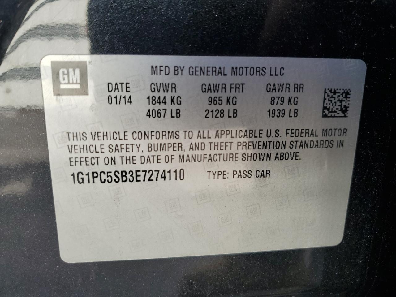 2014 Chevrolet Cruze Lt VIN: 1G1PC5SB3E7274110 Lot: 93922545