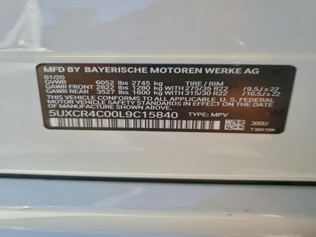 2020 BMW X5 Sdrive 40I VIN: 5UXCR4C00L9C15840 Lot: 93880235