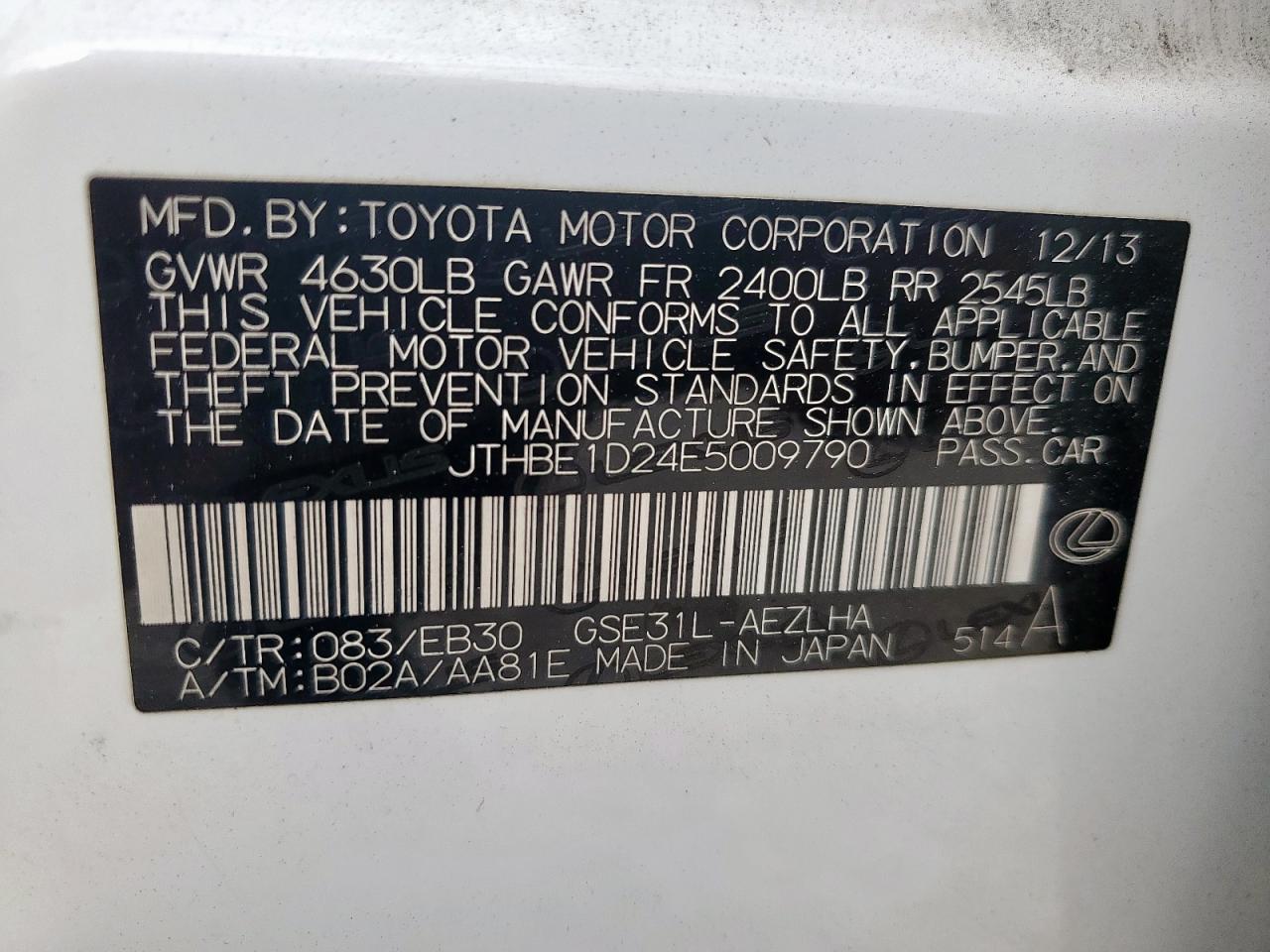 2014 Lexus Is 350 VIN: JTHBE1D24E5009790 Lot: 92864475