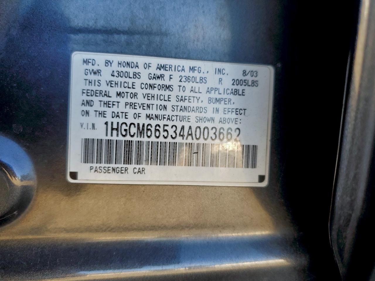 2004 Honda Accord Ex VIN: 1HGCM66534A003662 Lot: 93623935