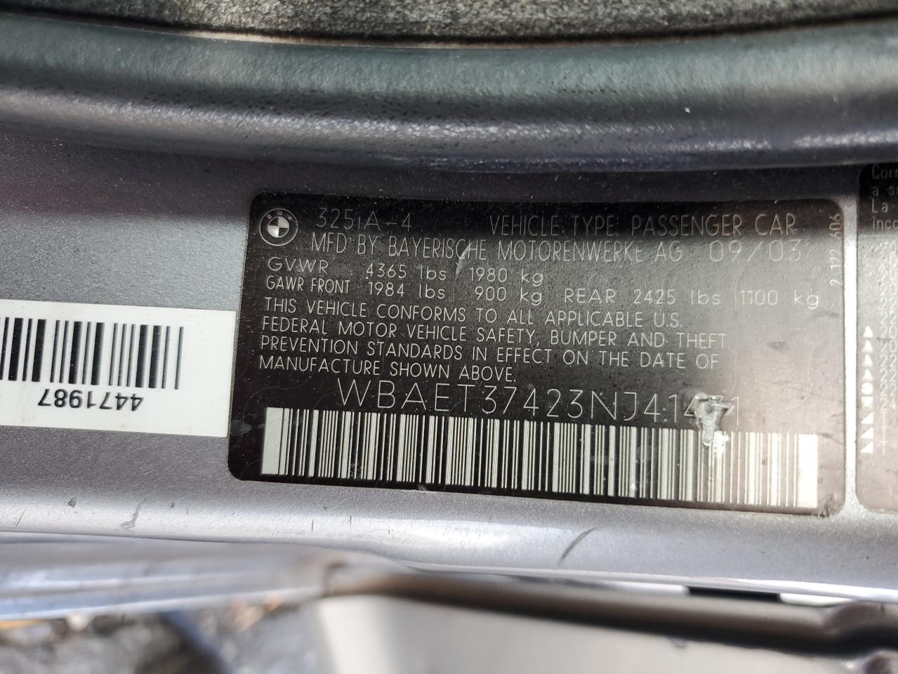 2003 BMW 325 I VIN: WBAET37423NJ41471 Lot: 92689225