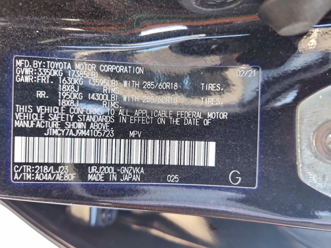 2021 Toyota Land Cruiser Vx-R VIN: JTMCY7AJ9M4105723 Lot: 91447575